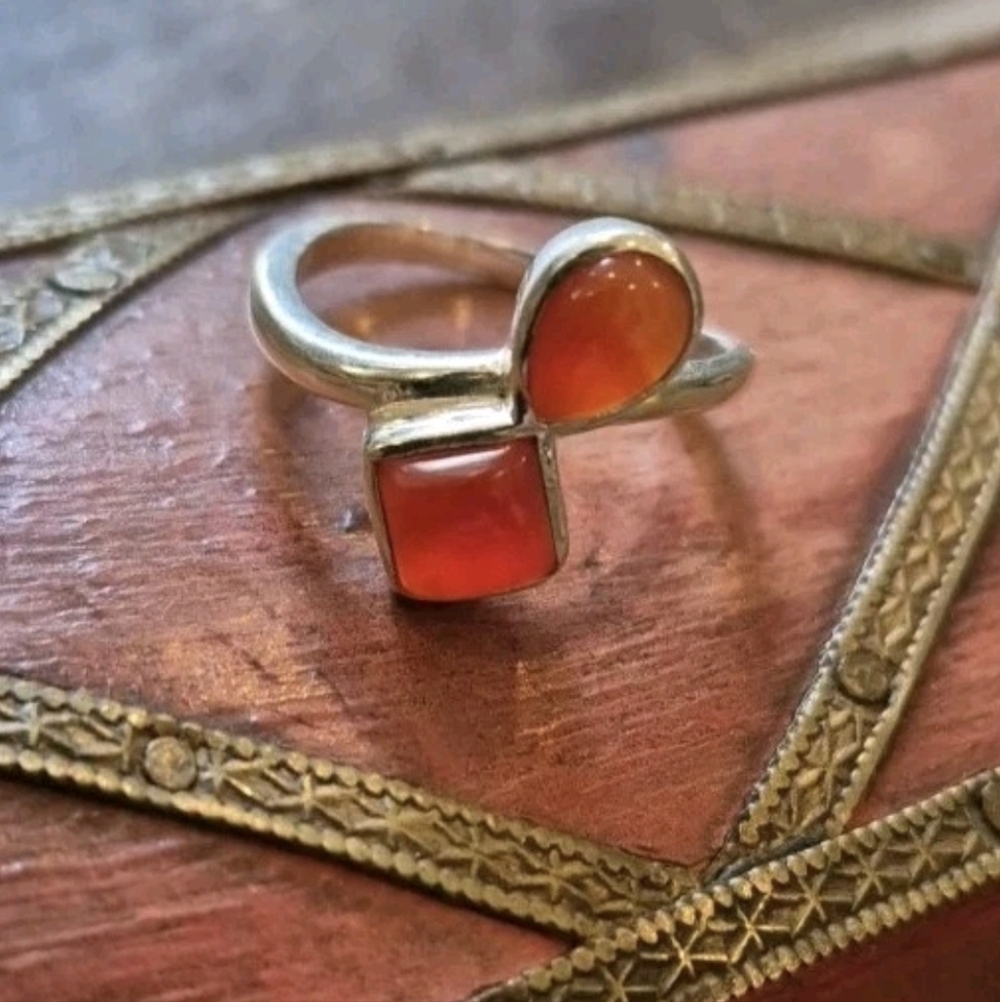 Vintage Sterling Silver Double Carnelian Ring, Size 7